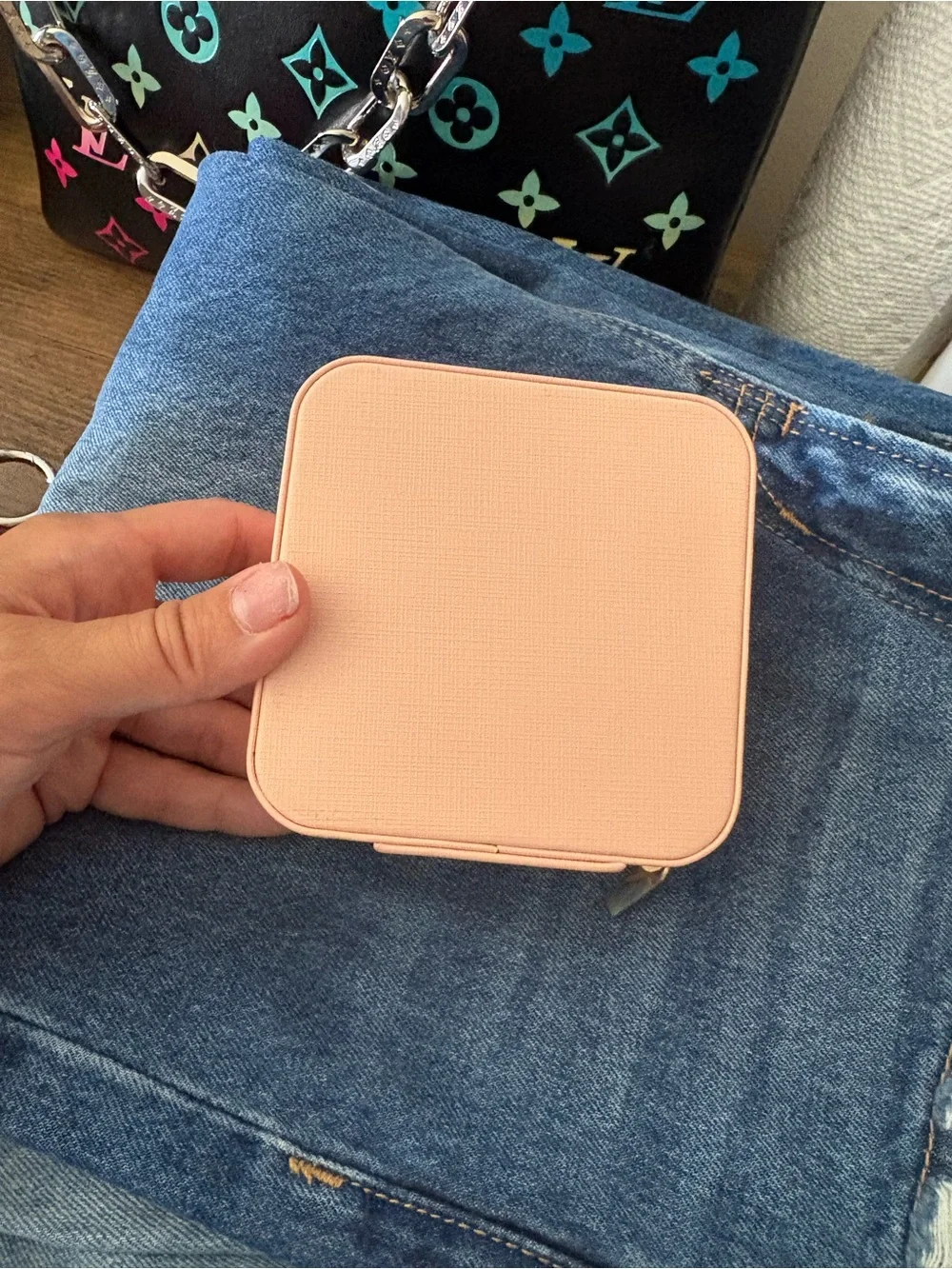 Compact Pink Jewelry Travel Case with Mirror